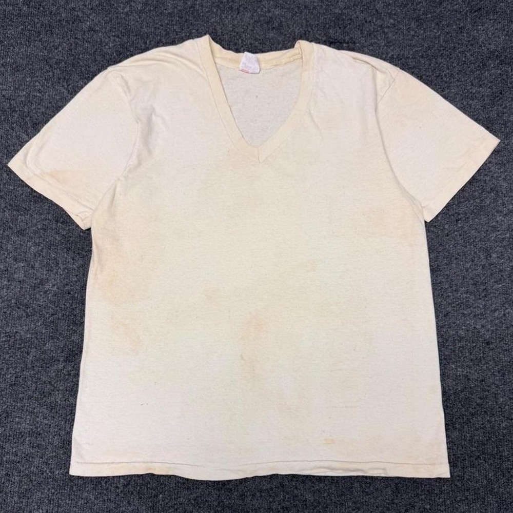 Vintage 90s Hanes V Neck T Shirt Mens Large Cream Yellow Single Stitch Tee
